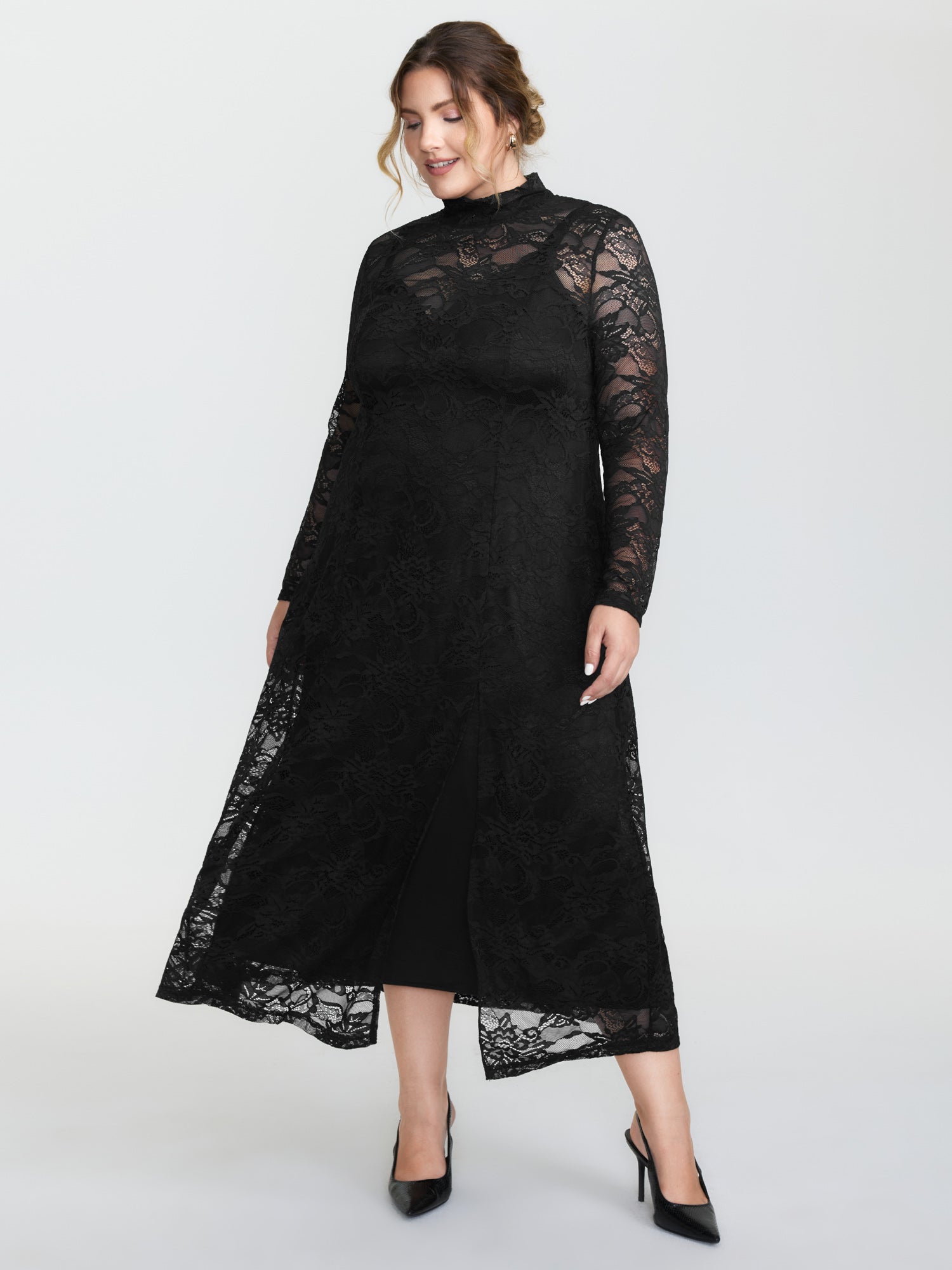 Satin Sheer Two-Piece Lace Maxi Dress
