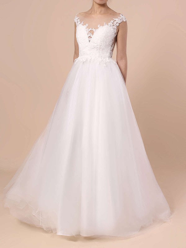 Beautiful Sleeveless Lace Tulle Sweep Train Wedding Dresses with Appliques