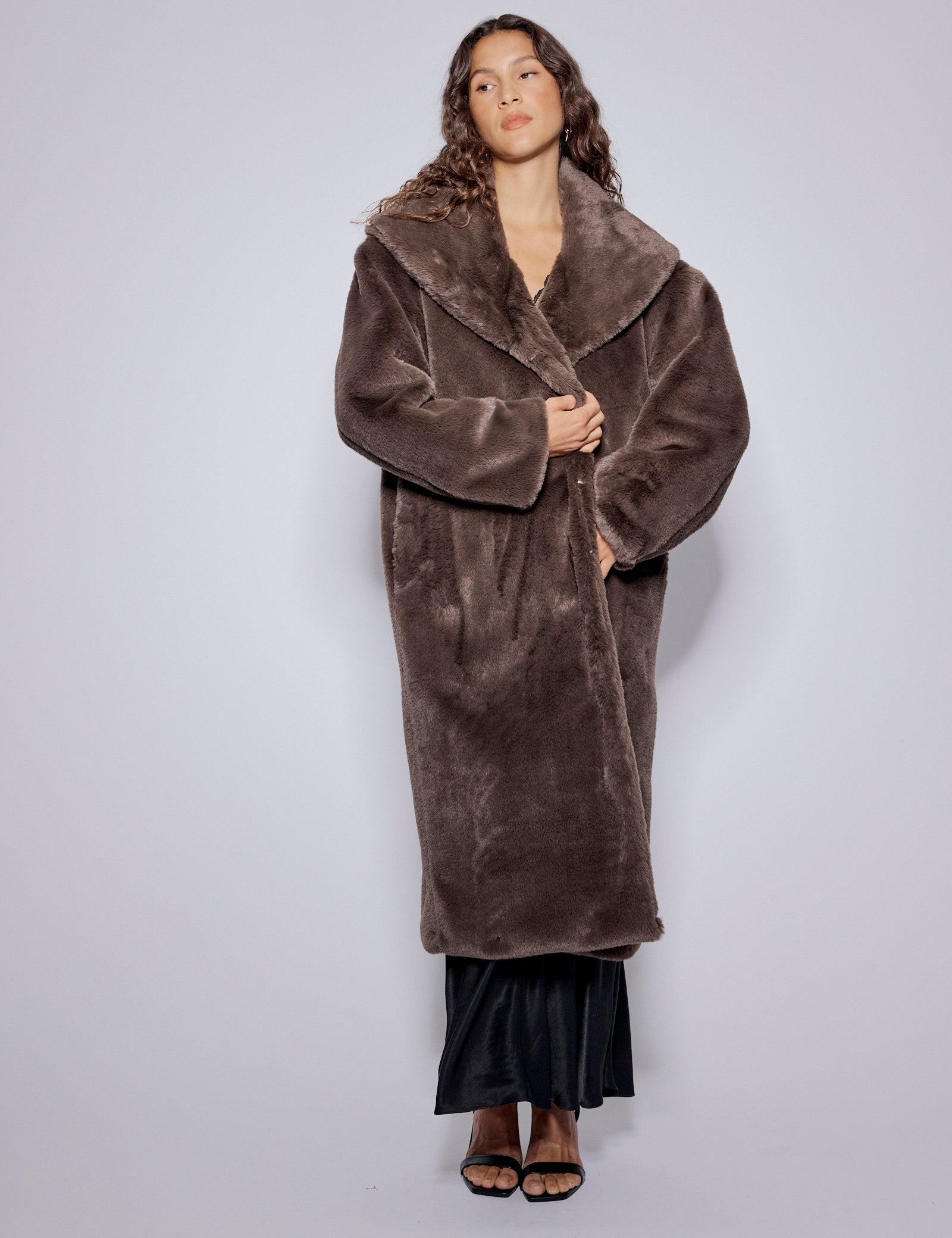 Brown Faux Fur Collared Longline Jacket
