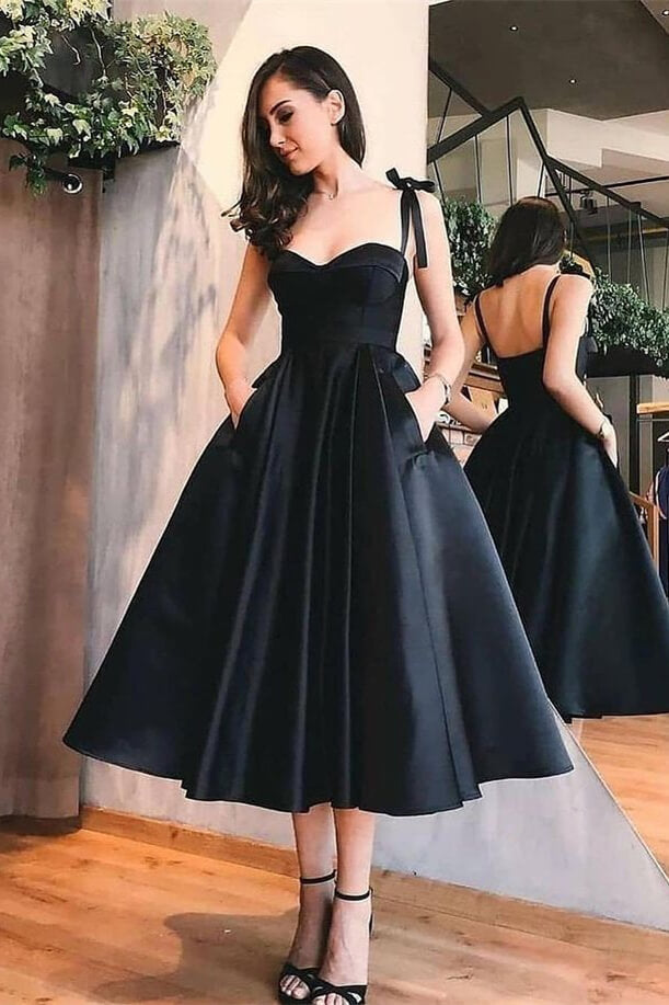 Sweetheart Black A-Line Spaghetti-Straps Tea Length Evening Dress With Pockets