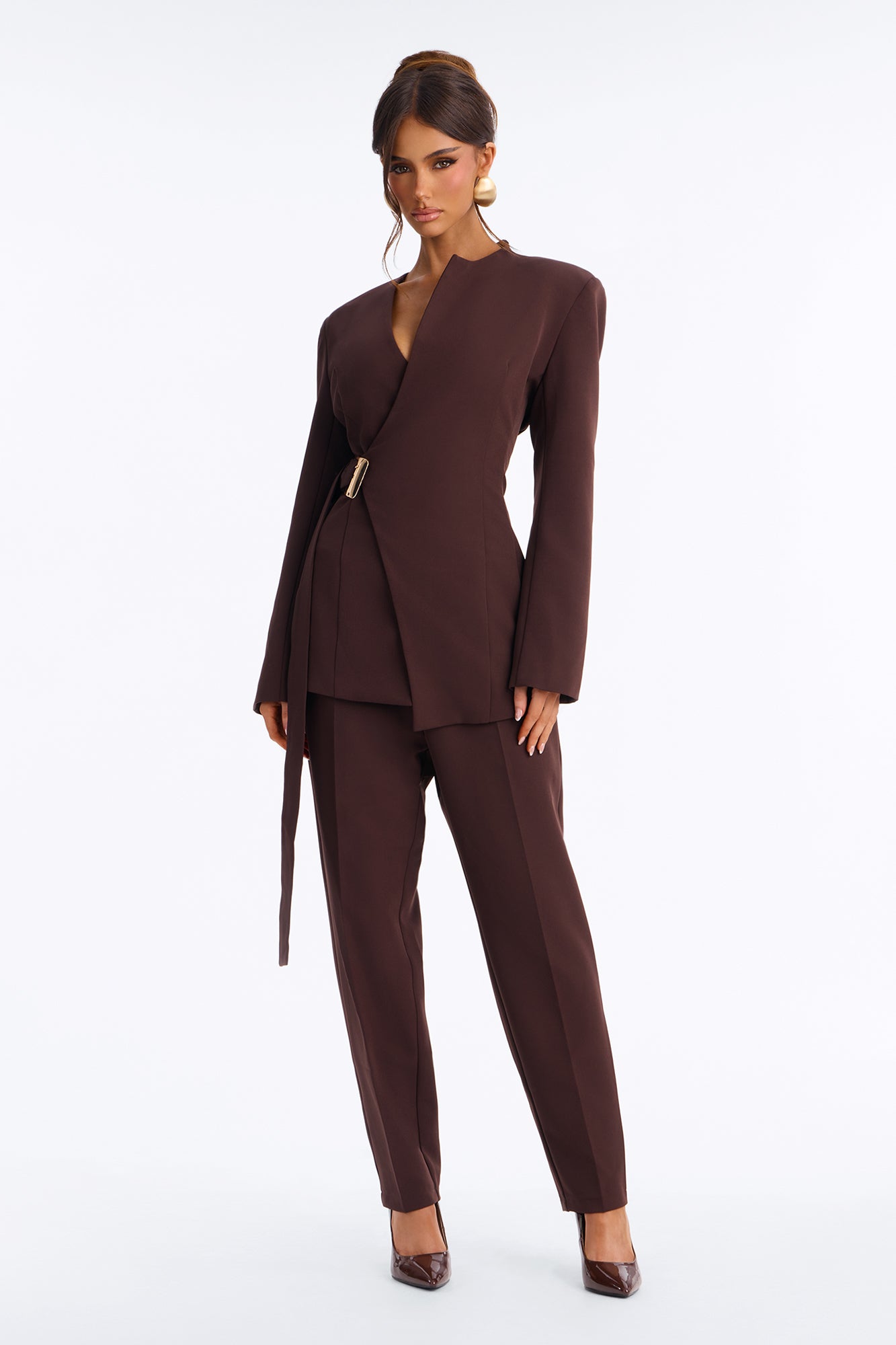 Jessica Belted Blazer Pant Set - Chocolate
