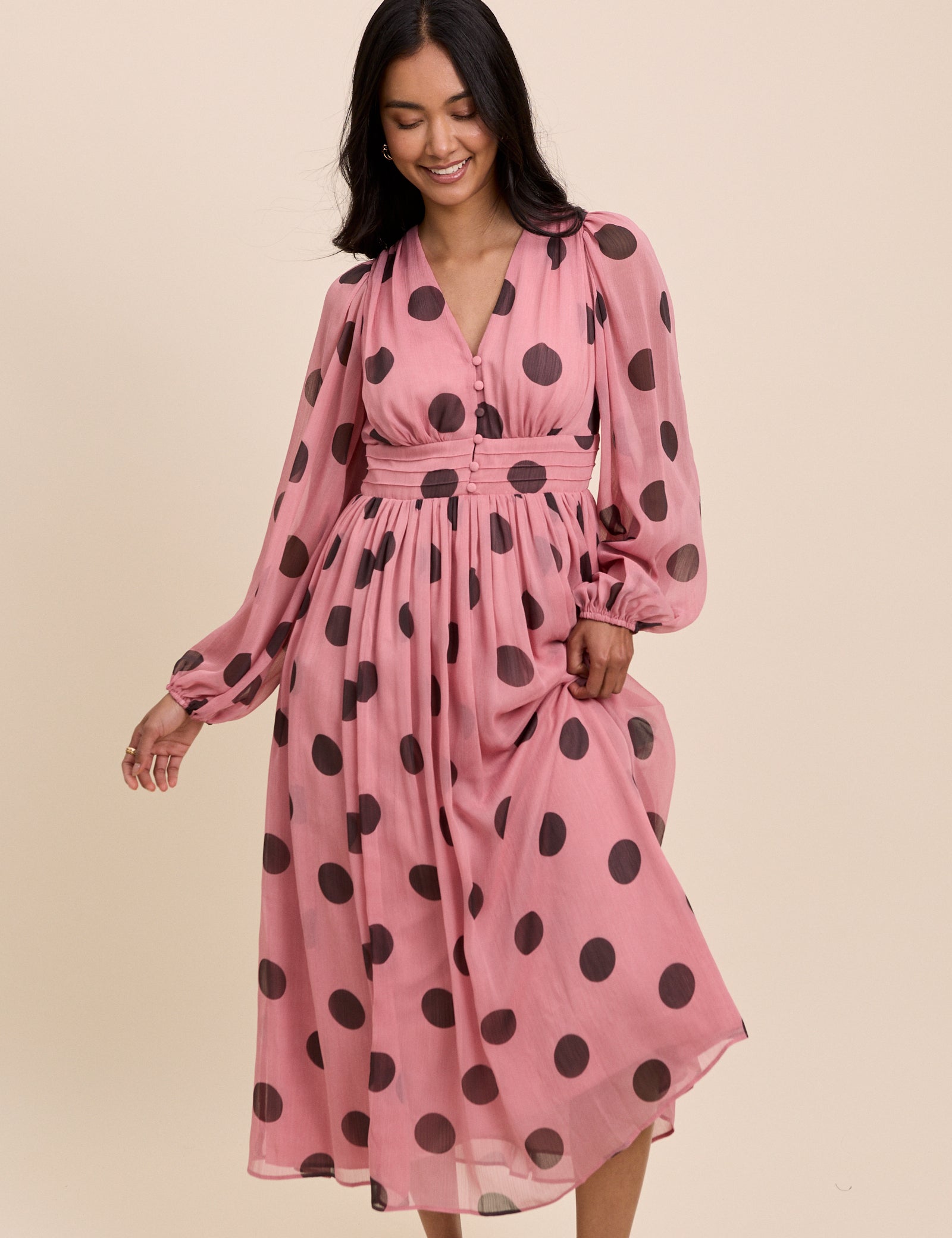 Pink Polka Dot Balloon Sleeve Anya Midi Dress