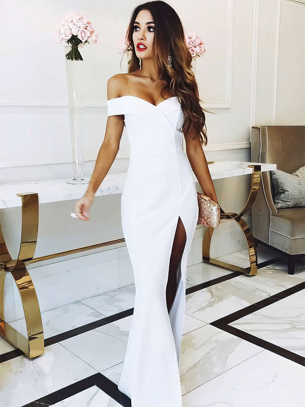 Chic Sweep Train Satin Off-The-Shoulder V-Neck Sheath Bridesmaid Dresses with Split