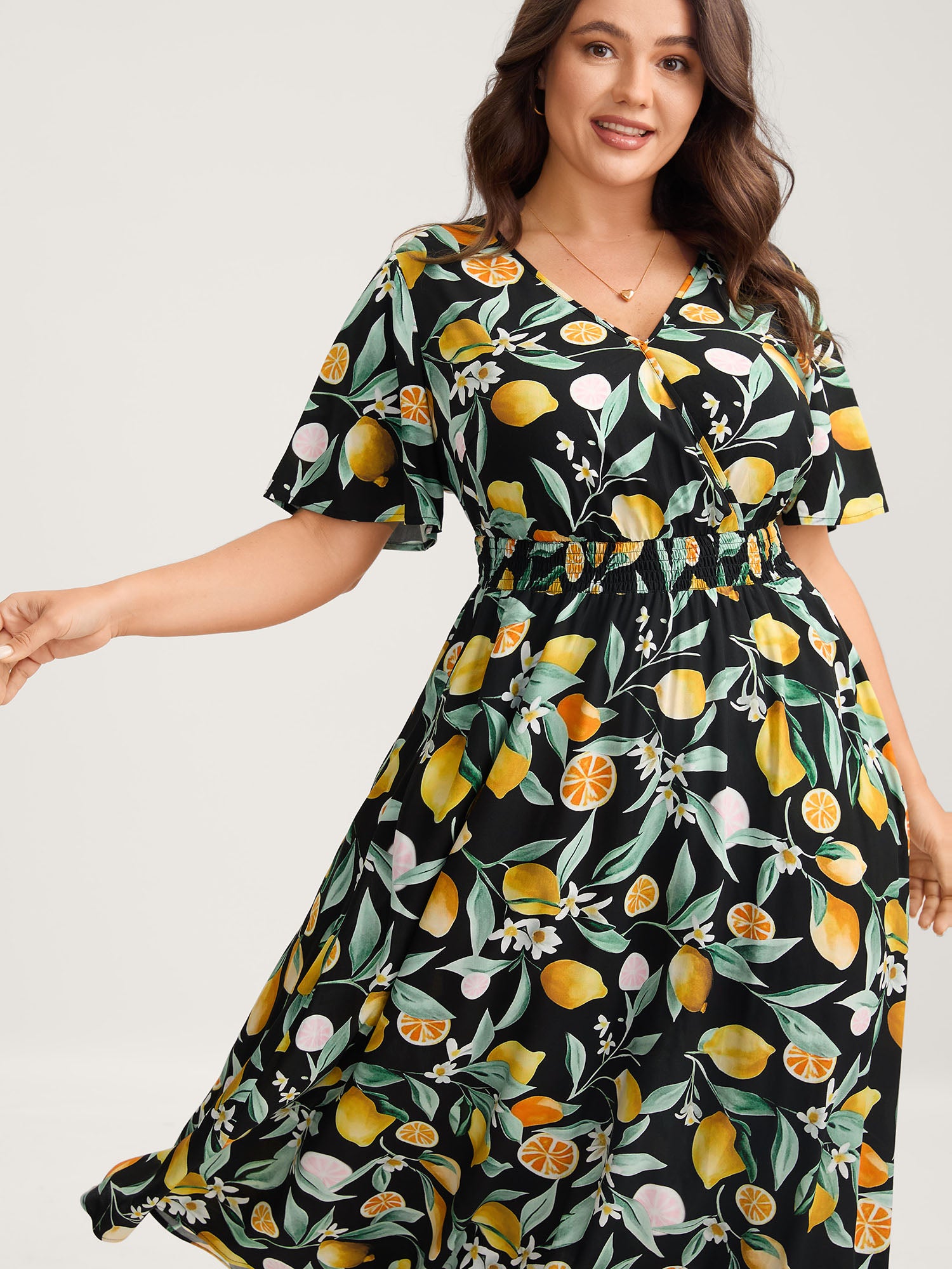 Citrus Print Overlap Neck Shirred Midi Dress
