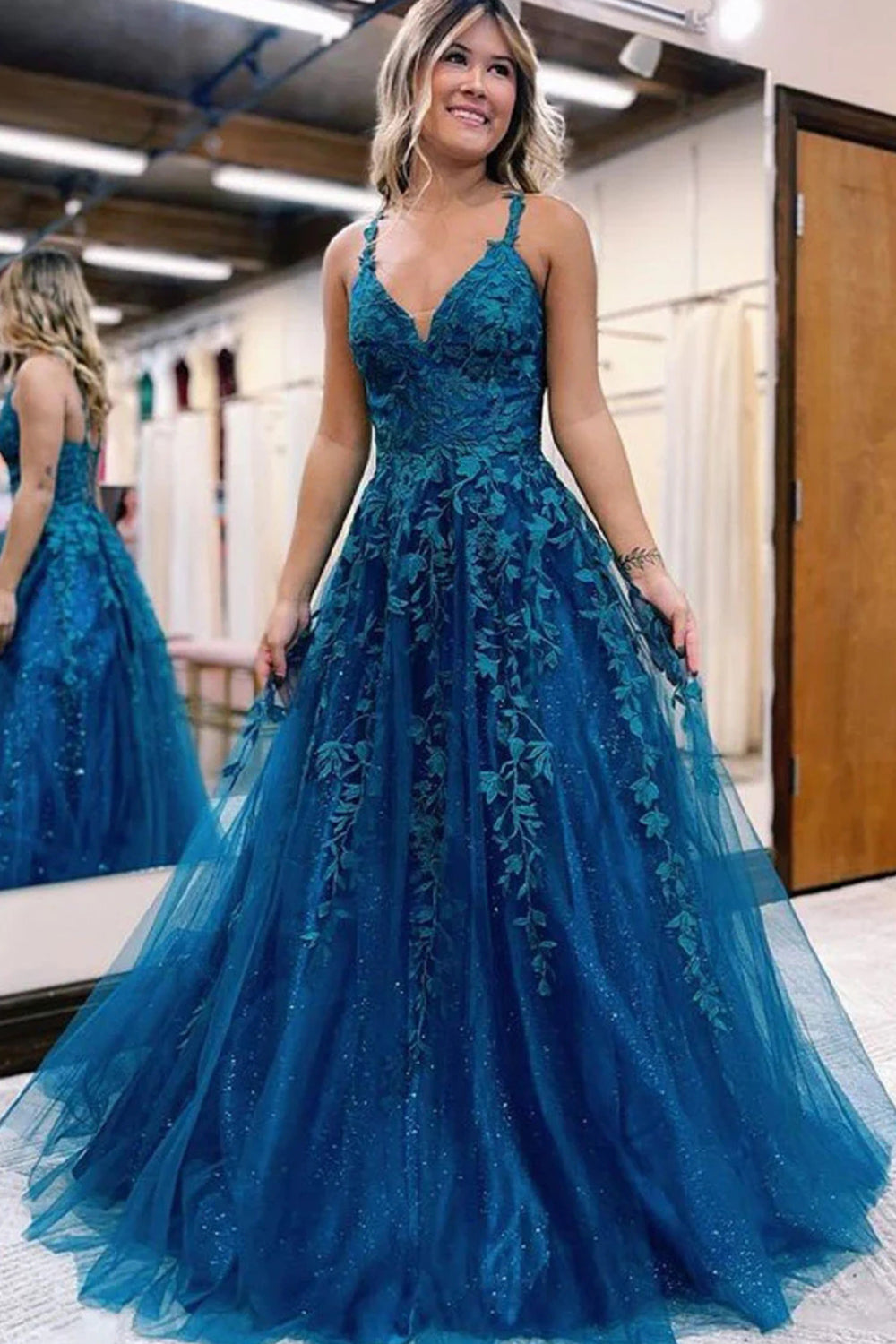 Long Blue Glitter A-Line Prom Dress with Lace