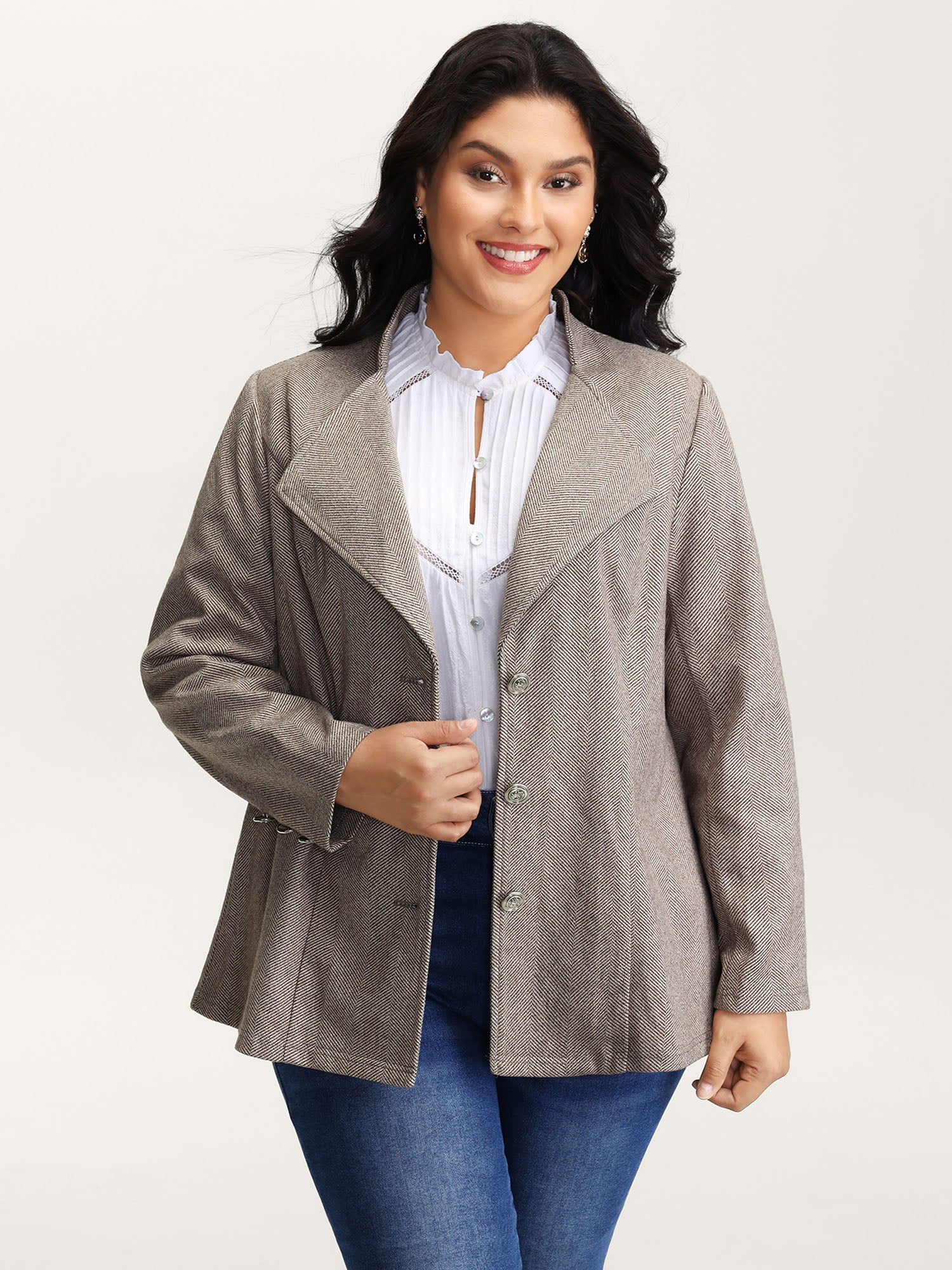 Herringbone Pattern Cinched-Waist Coat
