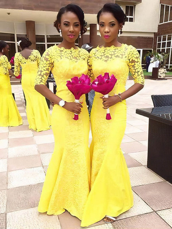 Beautiful Sheath Half Sleeves Lace Floor-Length Bridesmaid Dresses