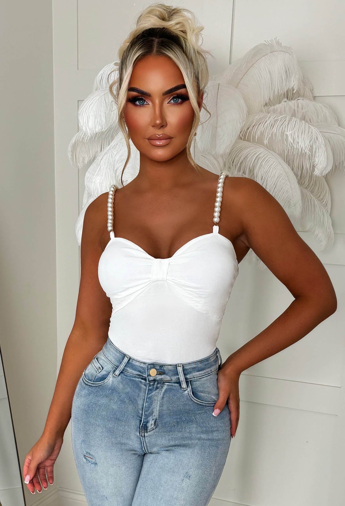 Not So Shy Cream Pearl Strap Bow Top