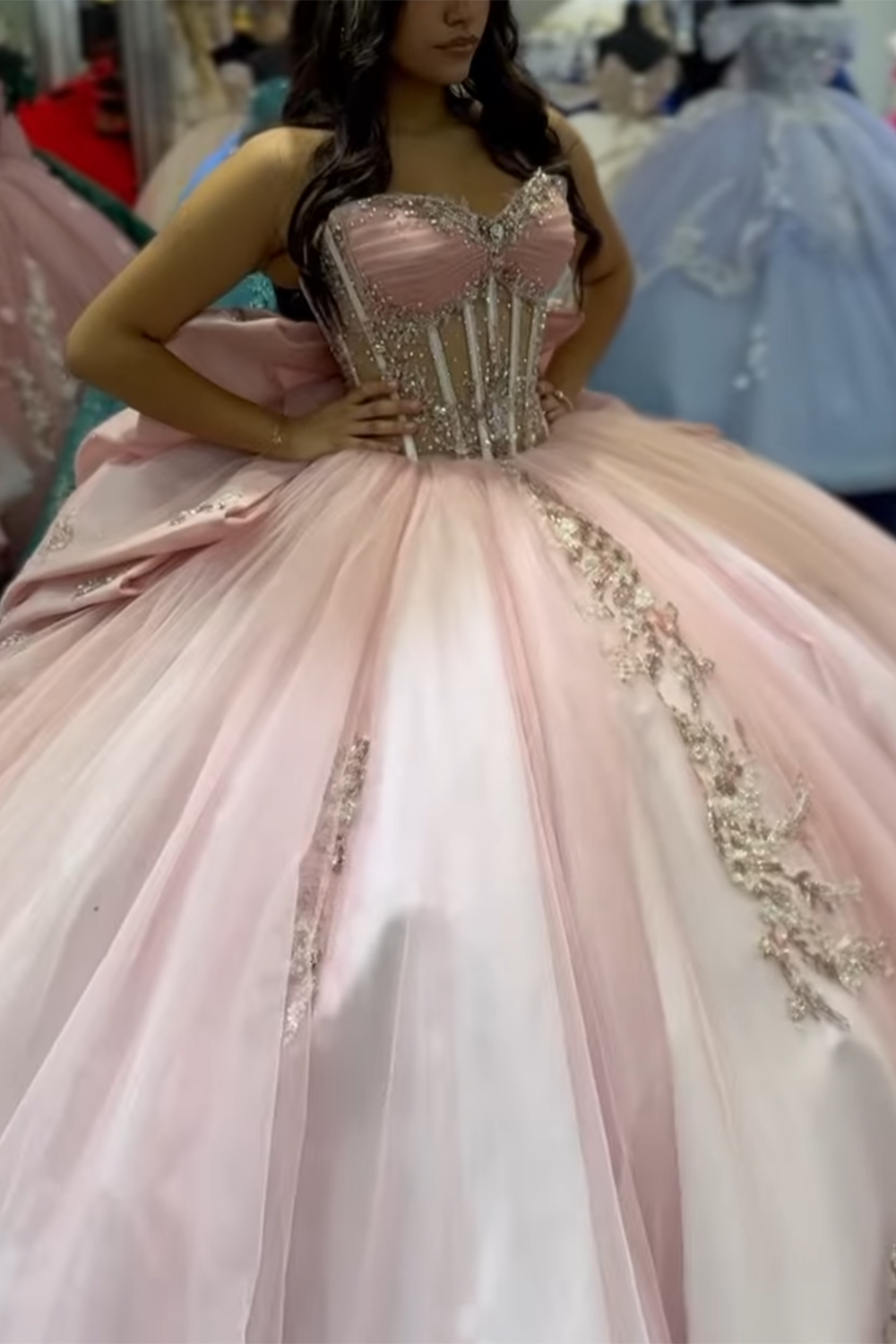 Sweetheart Ball Gown with Blush Beaded Applique Bow and Tulle Train for Quinceanera
