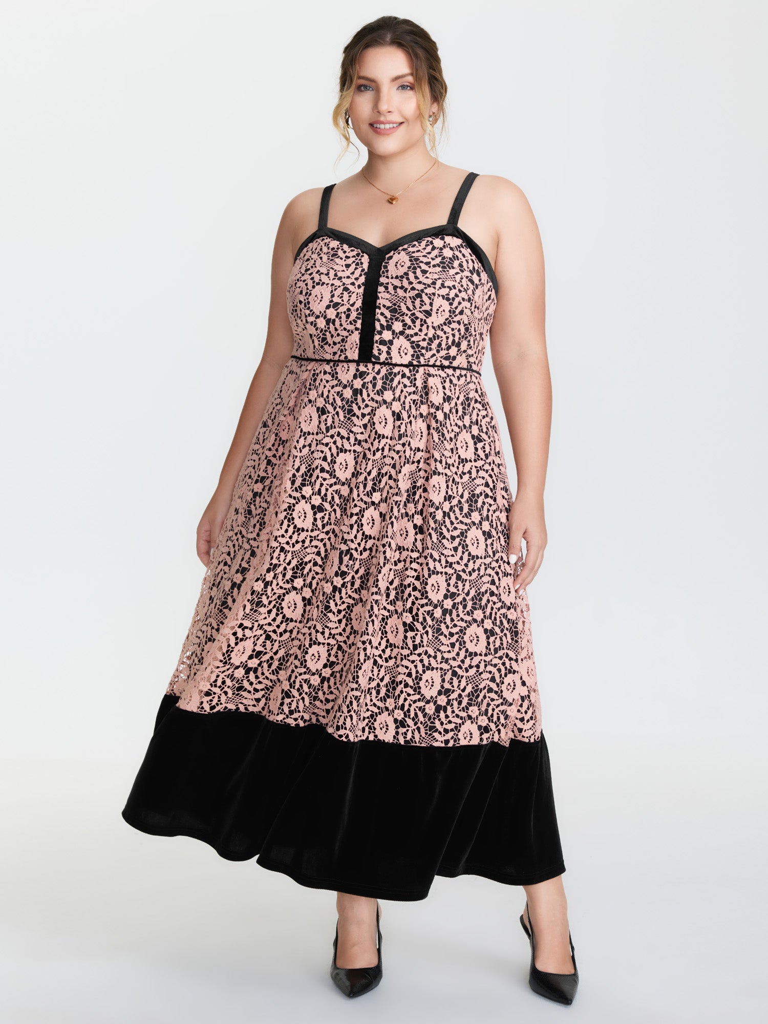 Floral Lace Trim Color Contrast Maxi Dress