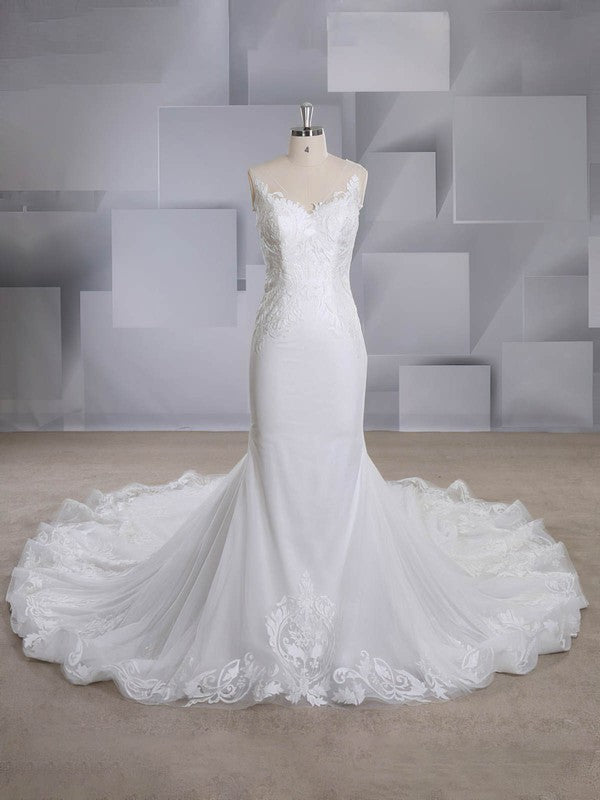 Charming V-Neck Sleeveless Mermaid Backless Lace Wedding Dresses