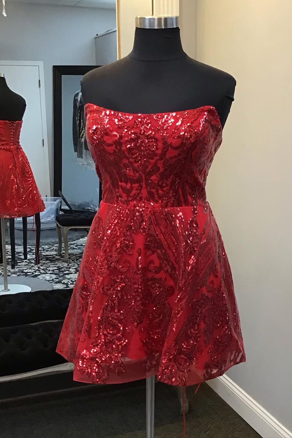 Sparkly Red Strapless A Line Corset Short Homecoming Dress/Mini Dress