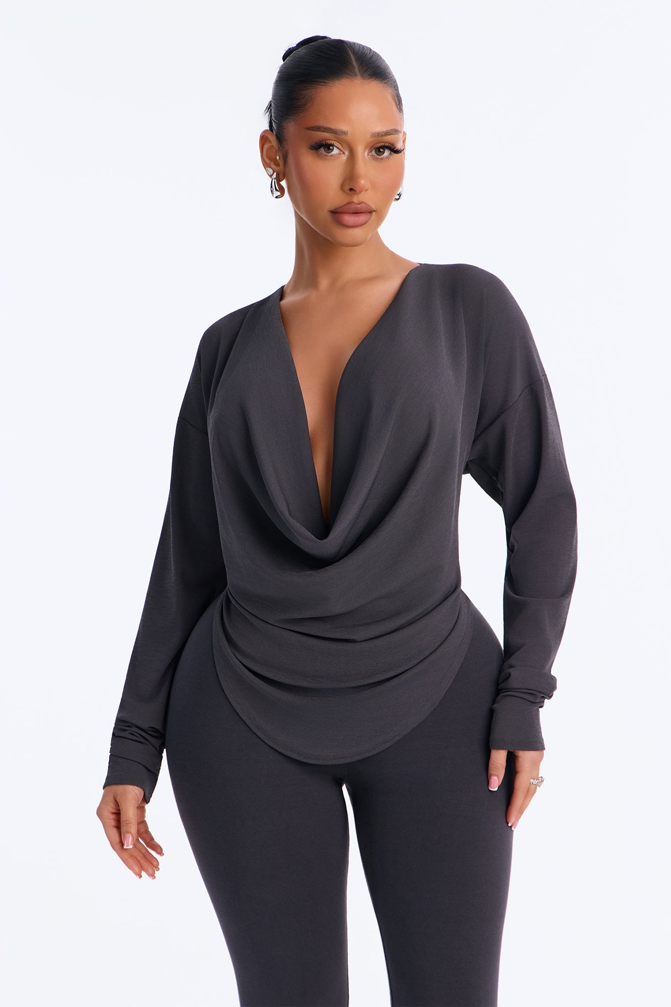 Casey Deep V-Neck Long Sleeve Top - Charcoal
