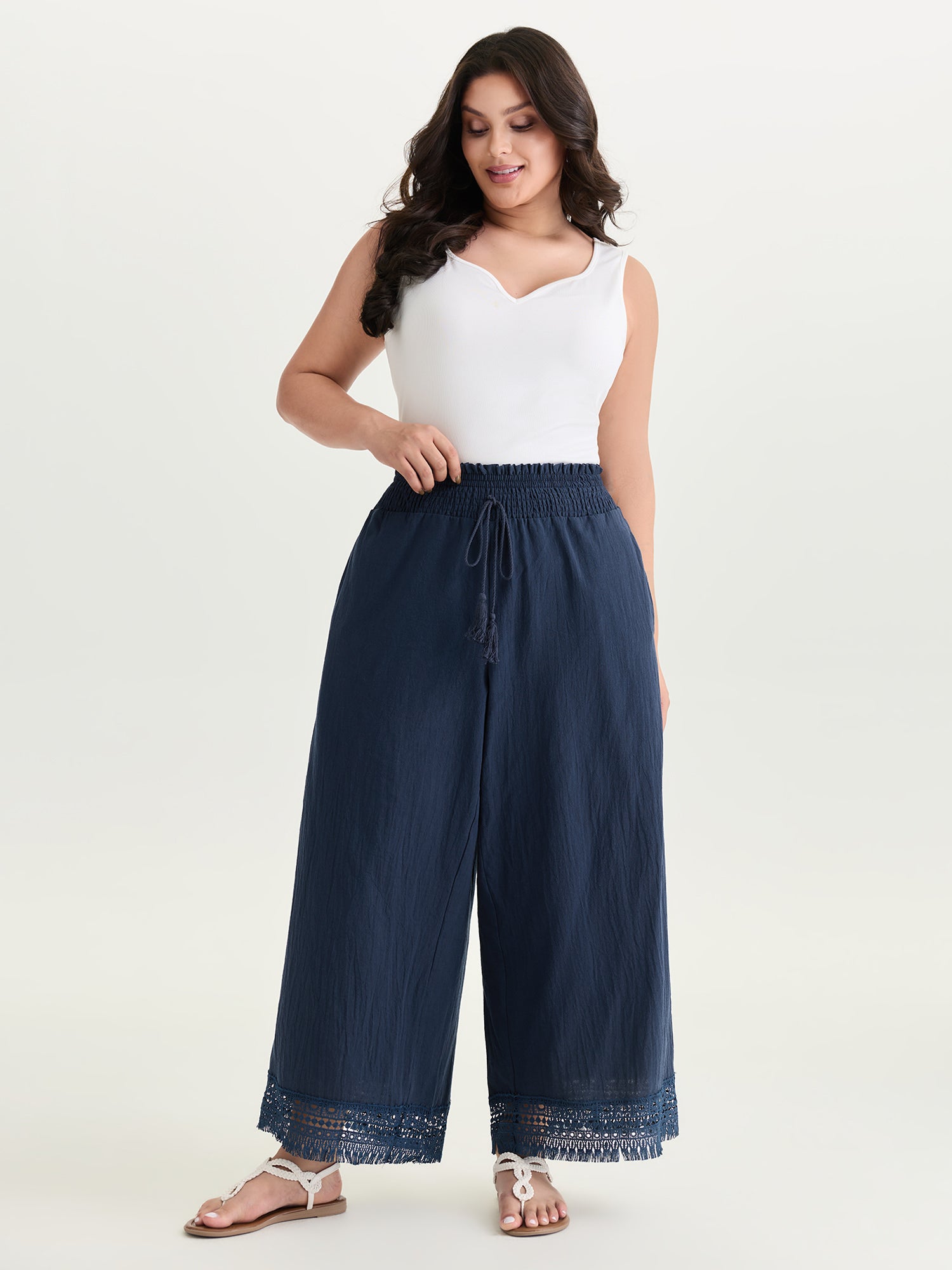 Cotton Wide Shirred Waistband Lace Hem Pants
