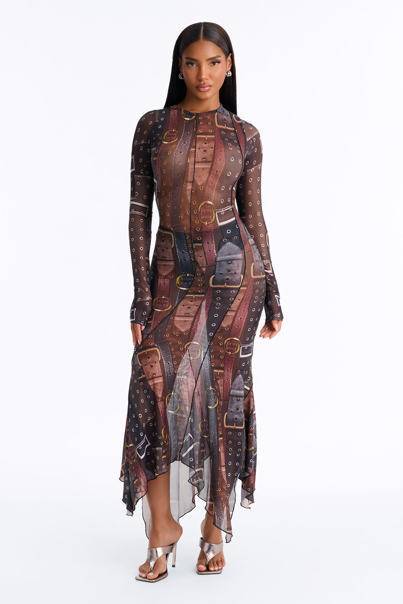 Trendsetter Sheer Belt Mesh Midi Dress - Brown/combo