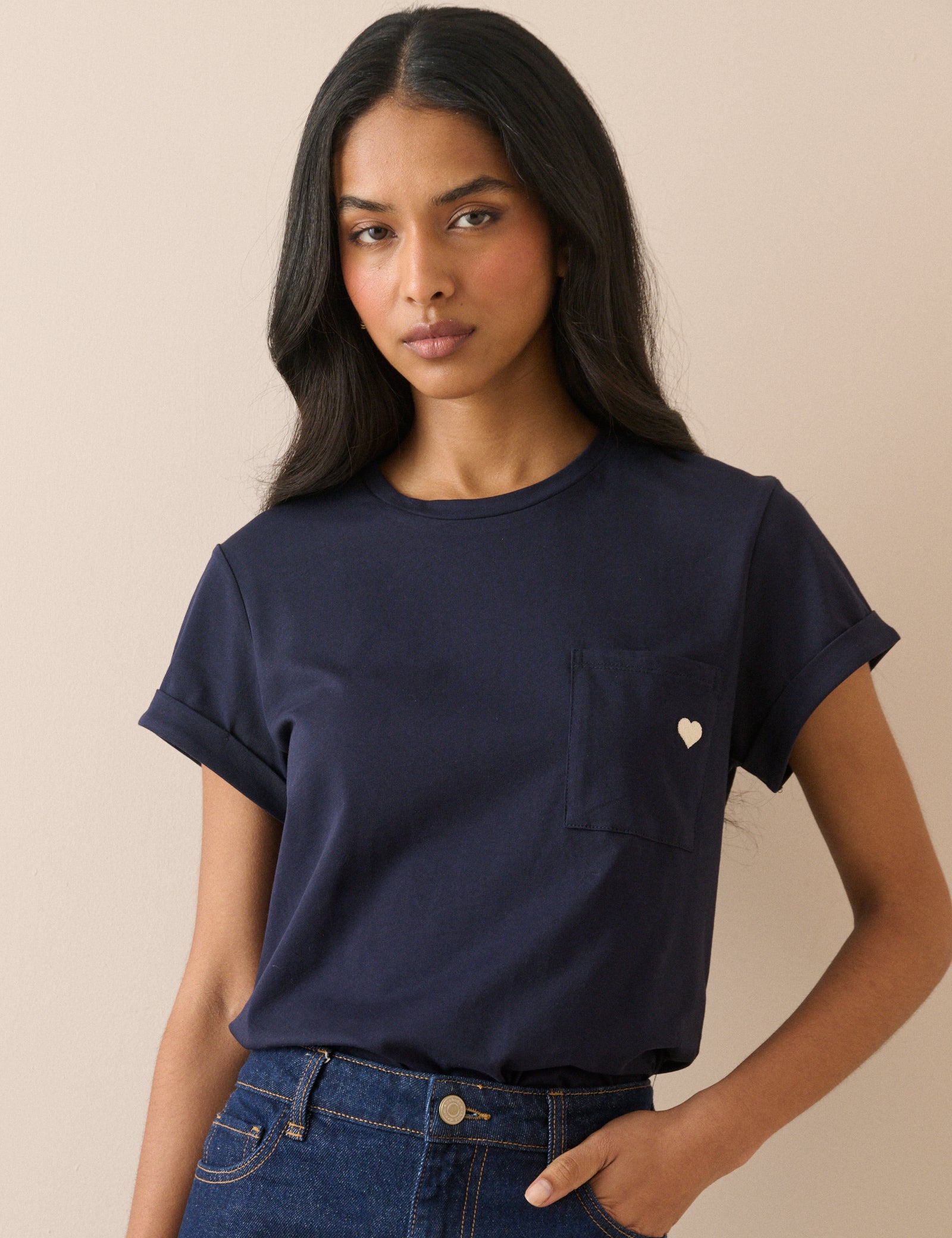Navy Heart Embroidered T-Shirt