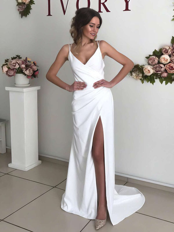 Sexy V-Neck Sleeveless Satin Sheath Wedding Dresses with Split