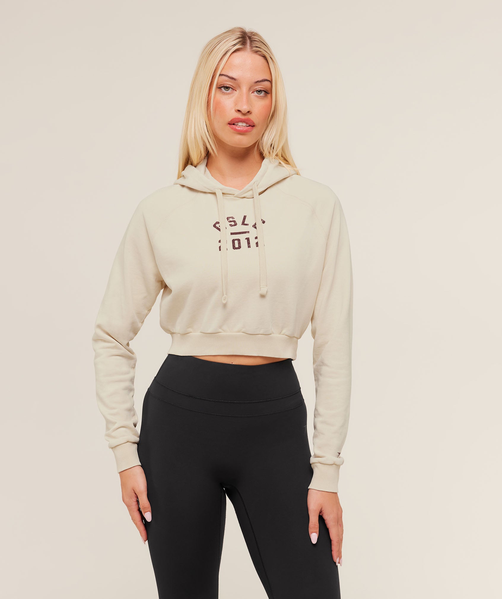 Gymshark Lifting Club 2012 Graphic Cropped Hoodie - Stone Beige/Wash