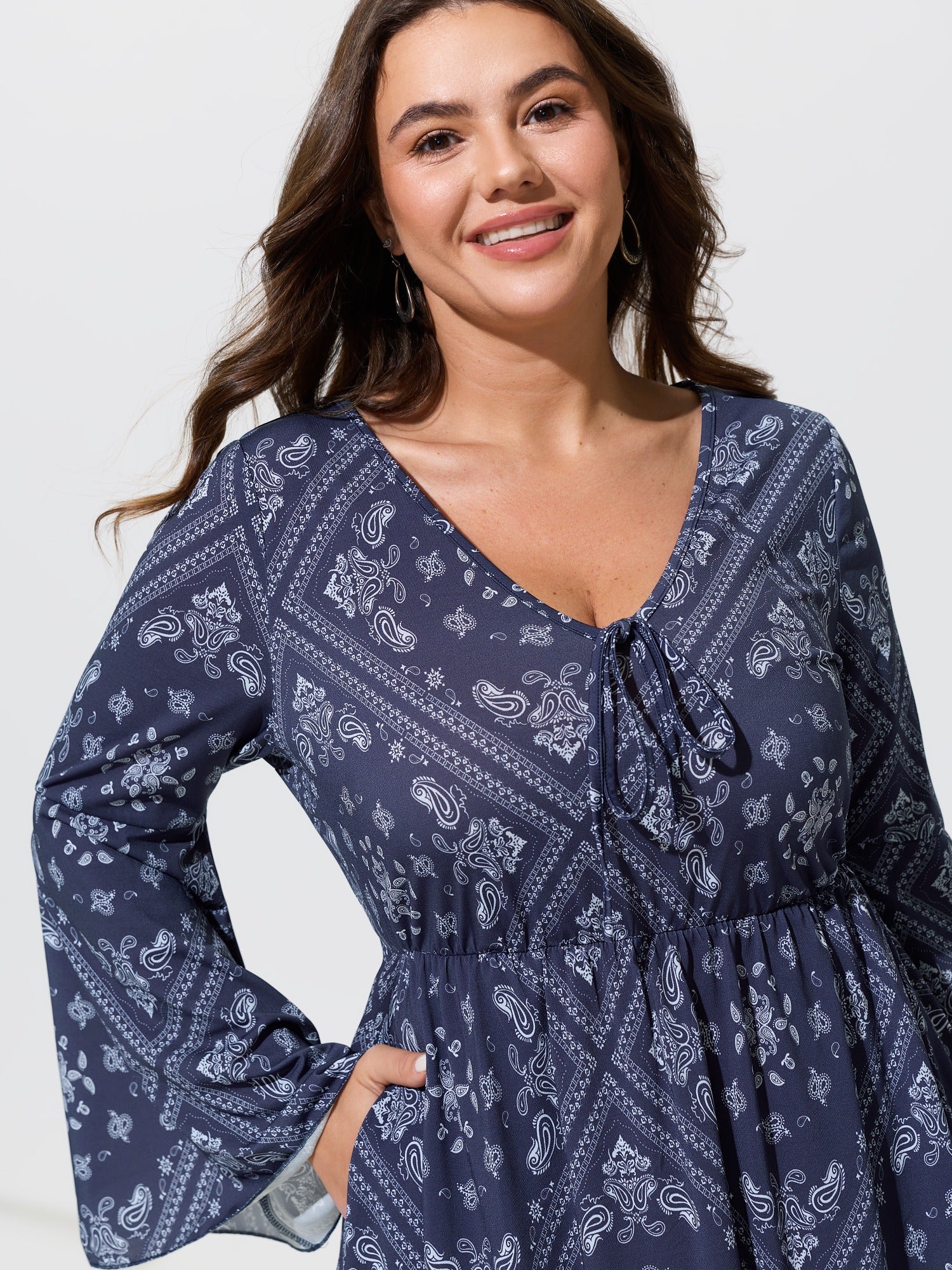 Paisley Print Tie Front Flare Sleeve Mini Dress