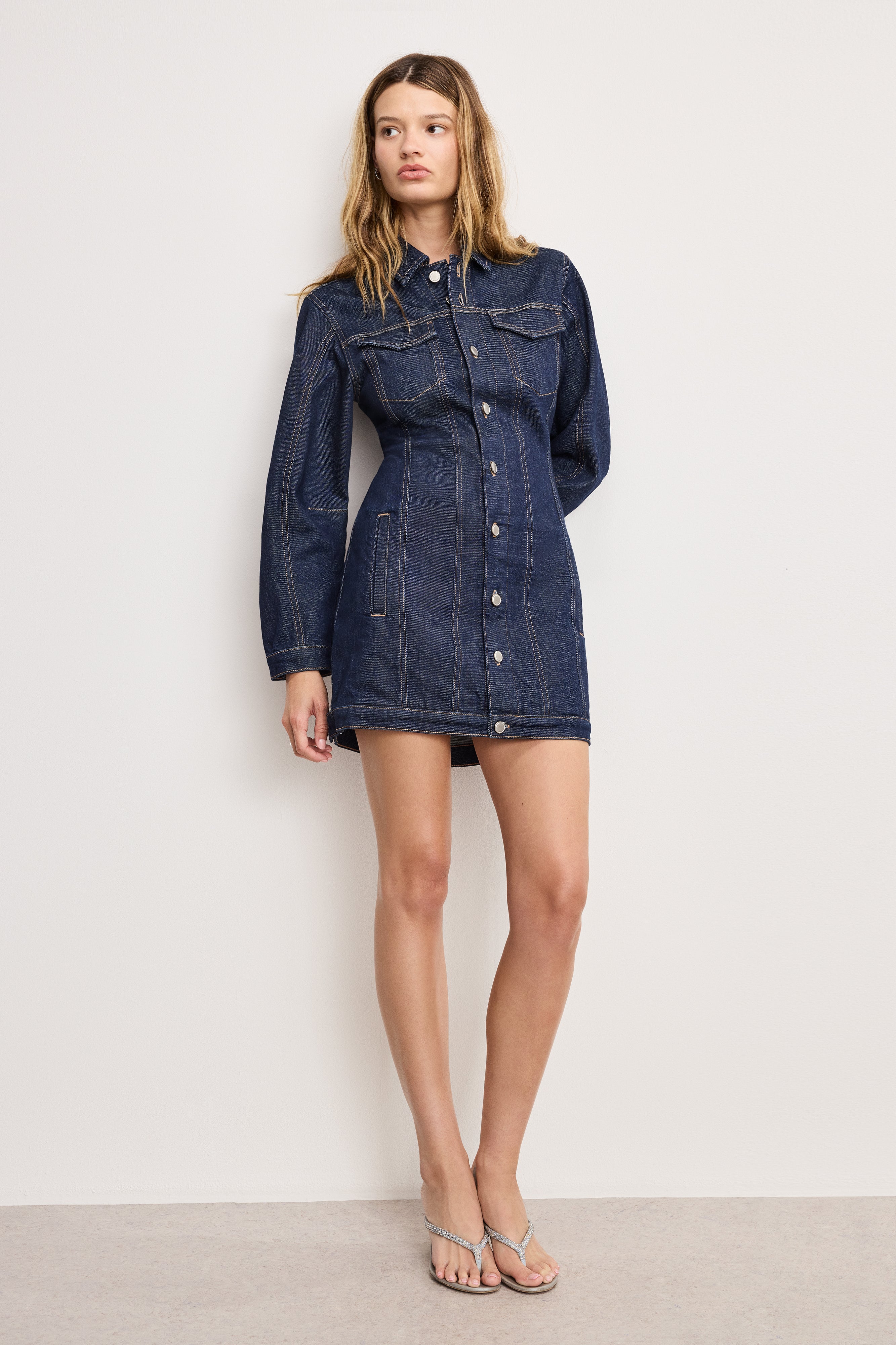 BARREL LONG SLEEVE MINI DRESS | INDIGO982