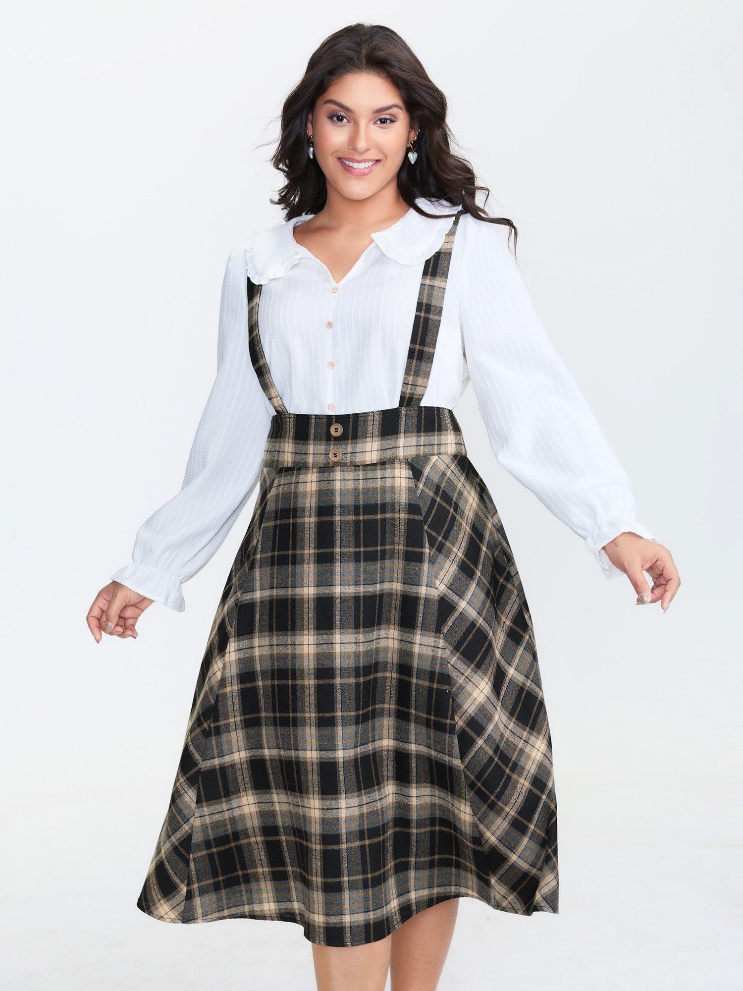 Plaid Pleated Pocketed Overall Dress