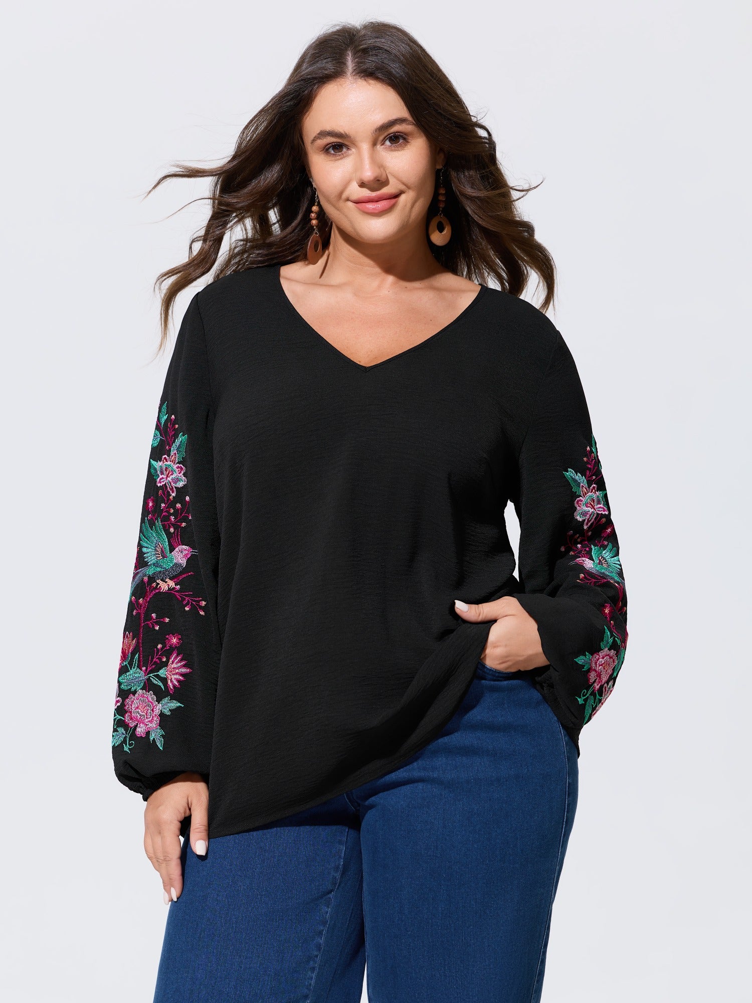 V‑Neck Floral Bird Embroidered Blouse