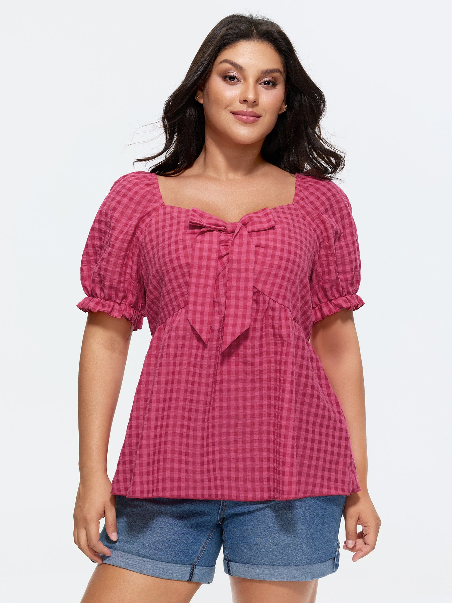 Gingham Print Bow Tie Front Blouse