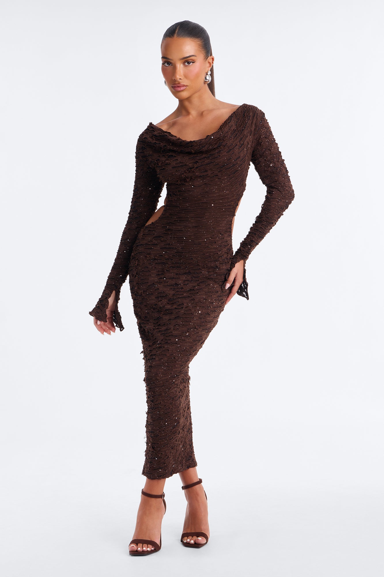 Shes Here For A Good Time Backless Textured Midi Dress - Chocolate