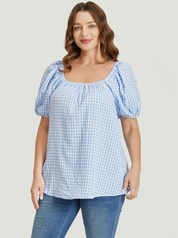 Gingham Print Square Neck Puff Sleeve Blouse