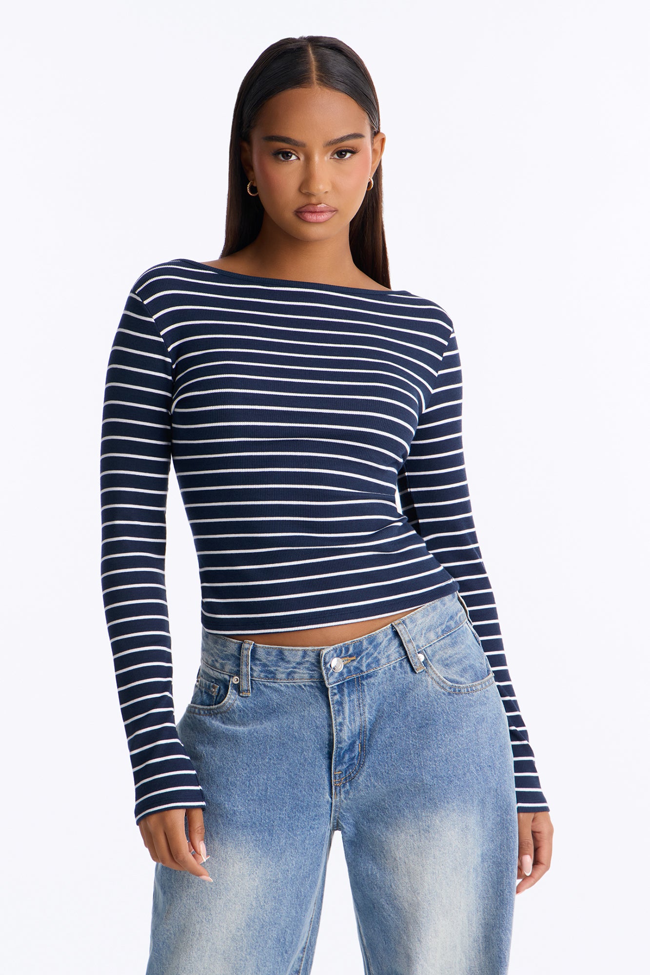 Everyday Boat Neck Striped Long Sleeve Top - Navy/combo