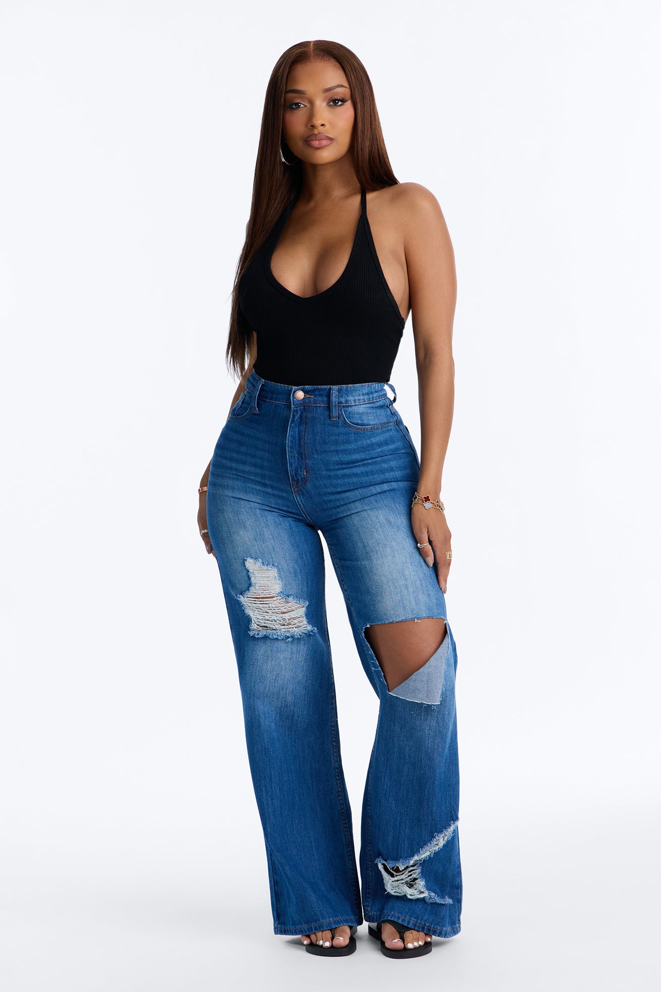 Summer Ending High Rise Ripped Wide Leg Jeans - Dark Wash