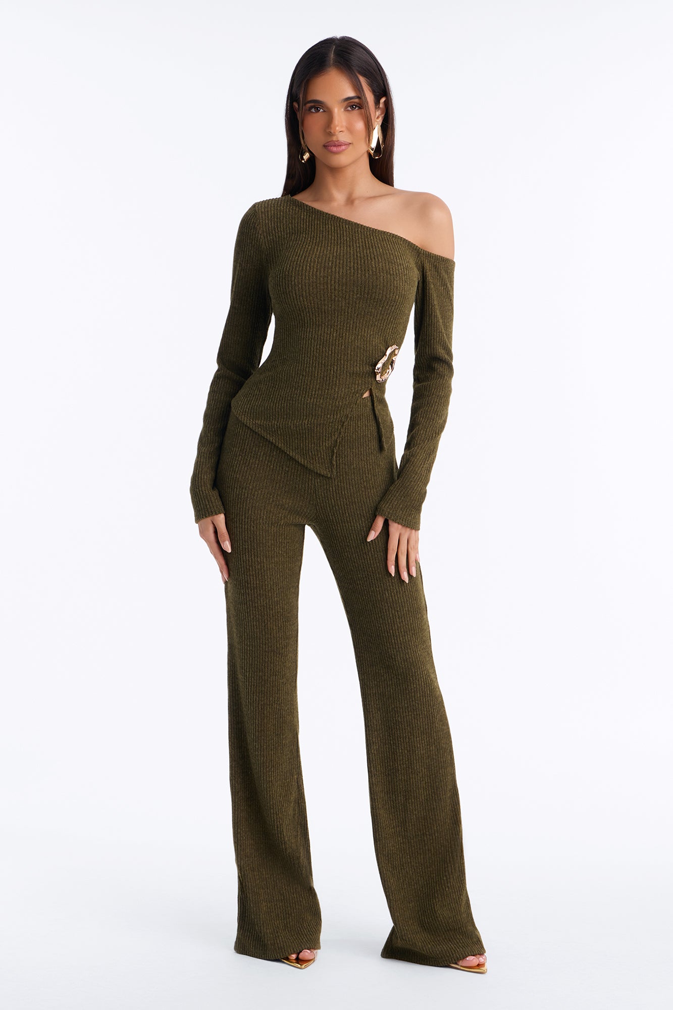 Janie Off Shoulder Hacci Pant Set - Olive