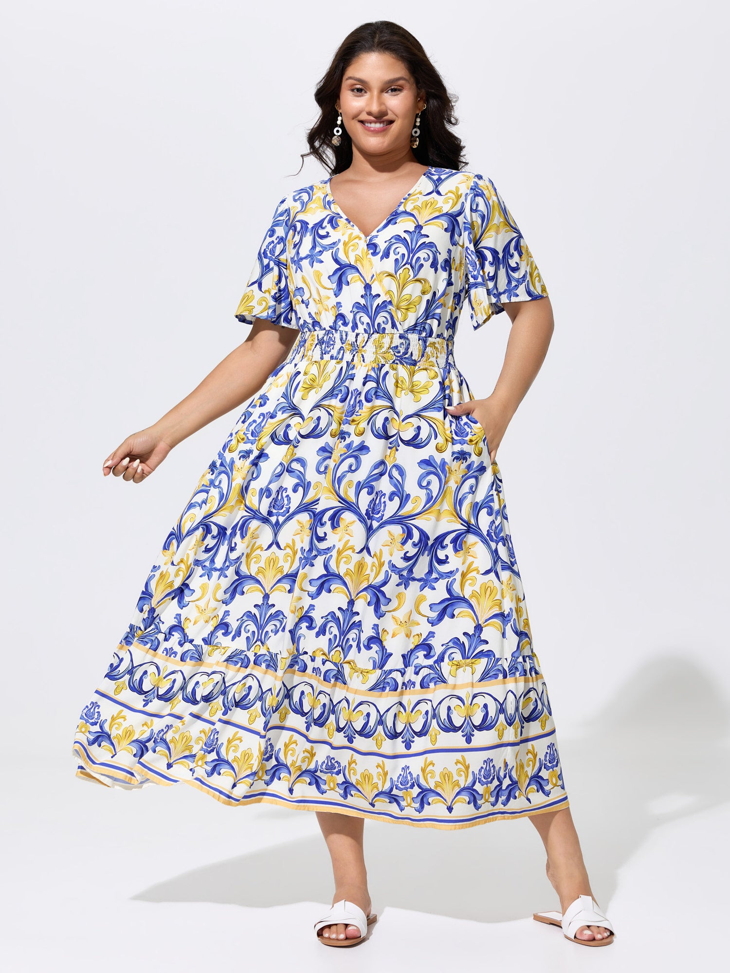 Majolica Print Shirred Waist Flowy Maxi Dress