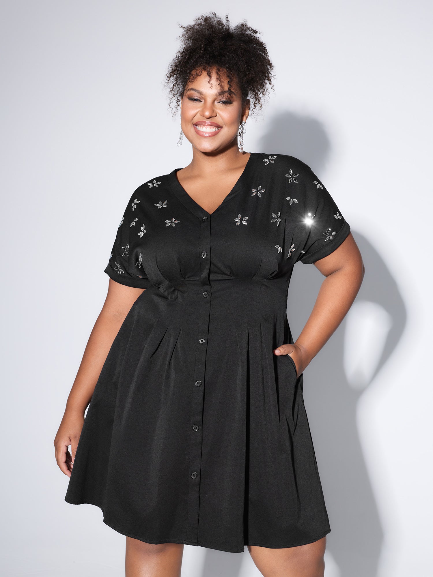 Rhinestone Cinched-Waist Button Mini Dress