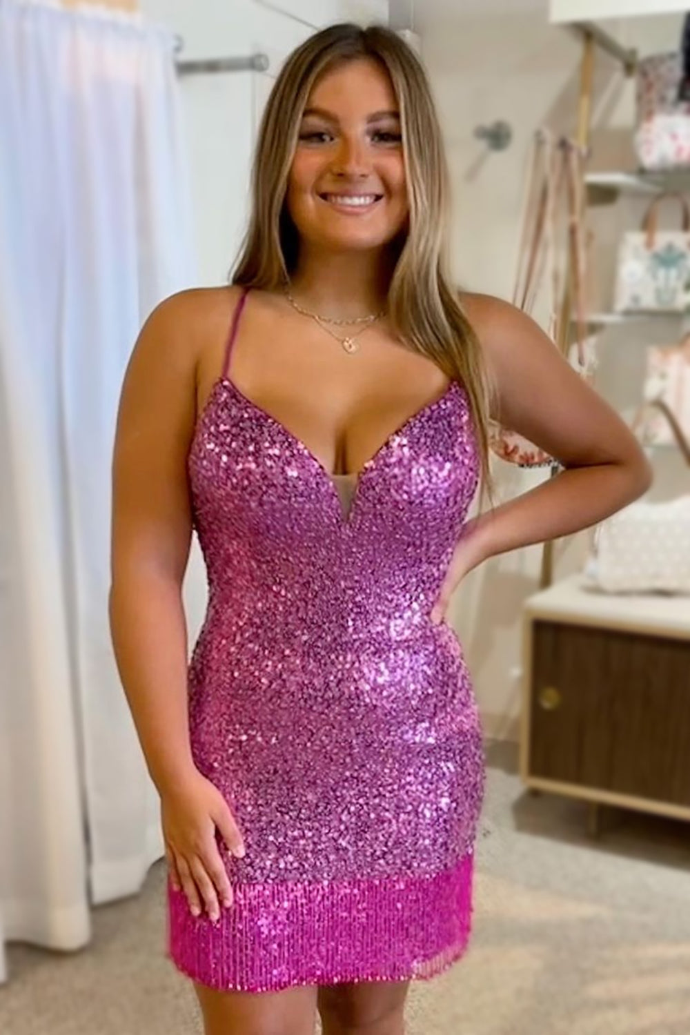 Purple Sequins Tight Homecoming Dress/Mini Dress with Fringes