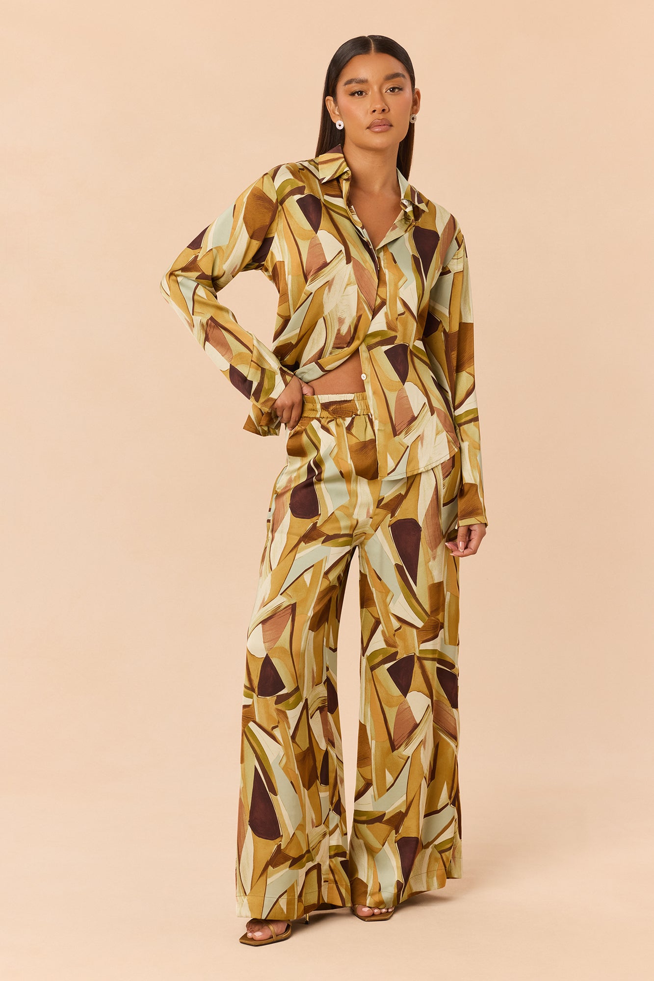 Leonie Satin Pant Set - Olive/combo