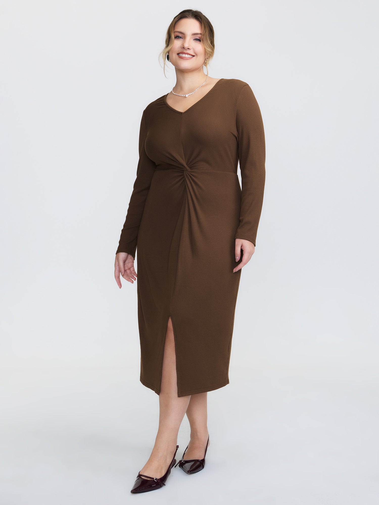 Knotted Waist-Defining V-Neck Midi Dress