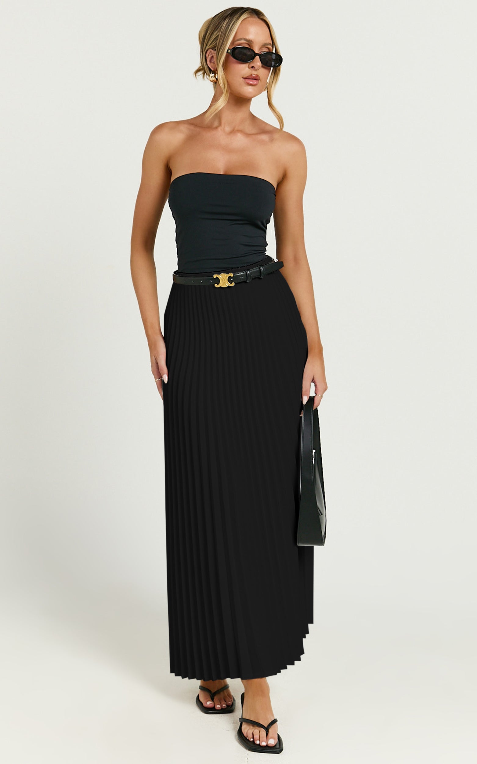 Harlee Midi Skirt - Pleated High Waist A Line Skirt in Black