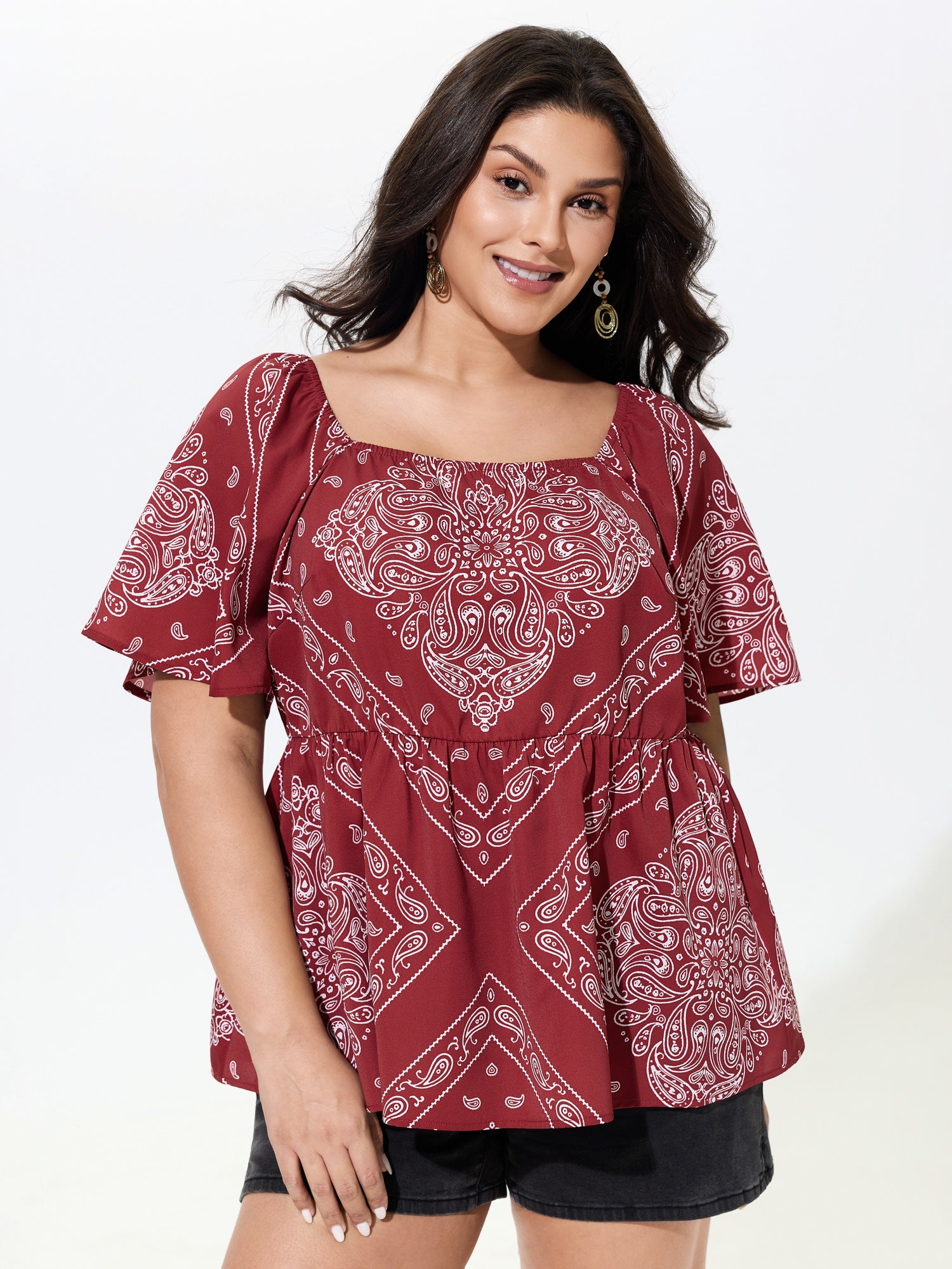 Paisley Print Flutter Sleeve Babydoll Blouse