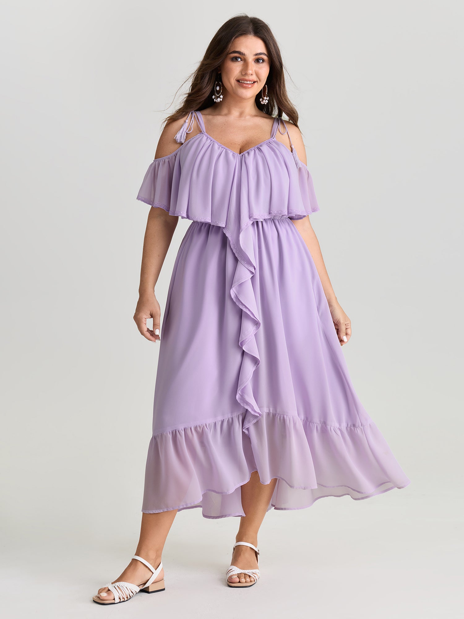 Breathable Lace Trim Ruffled Maxi Dress