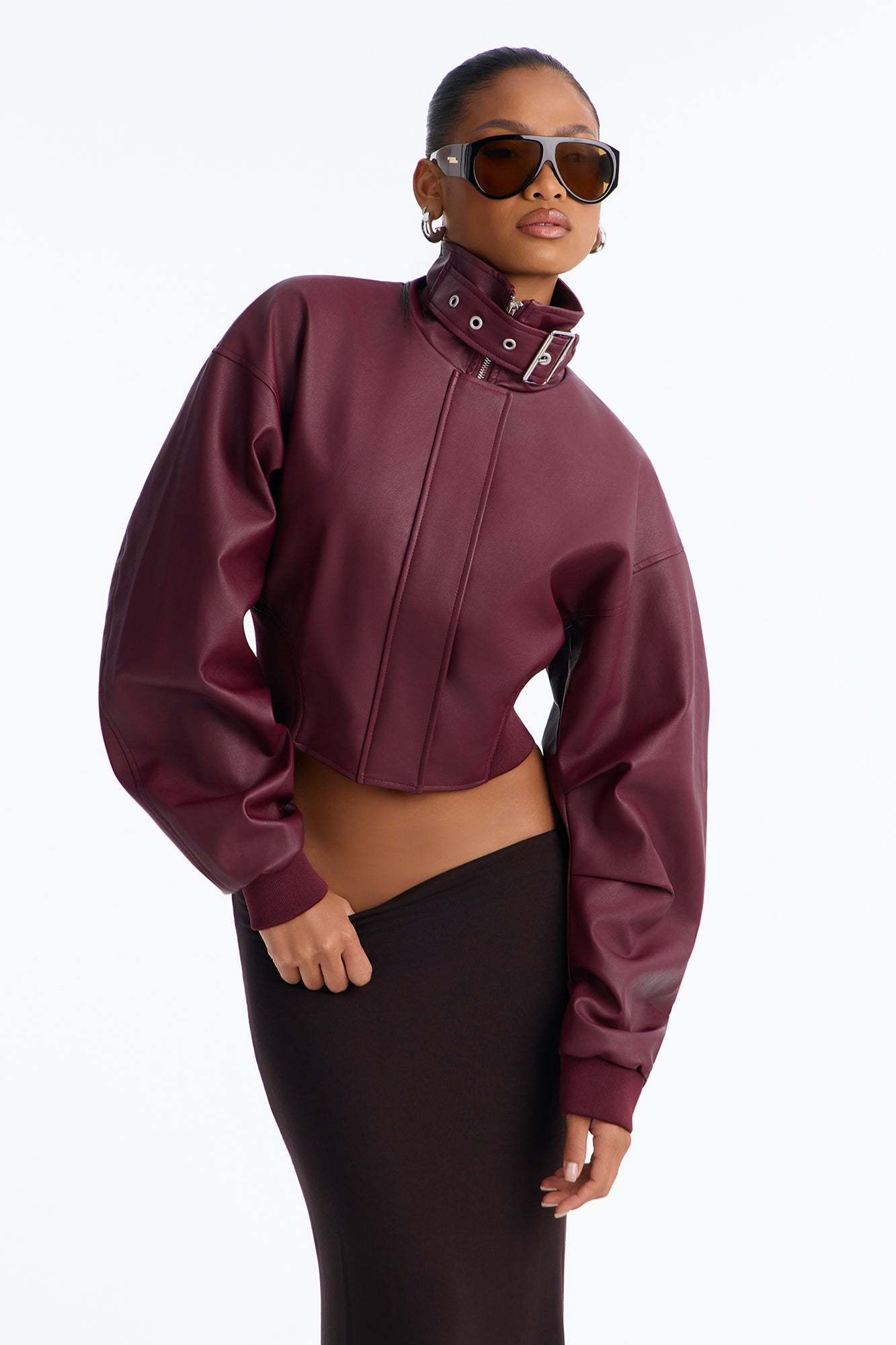 Midnight Funnel Neck Barrel Sleeve Crop Moto Jacket - Burgundy