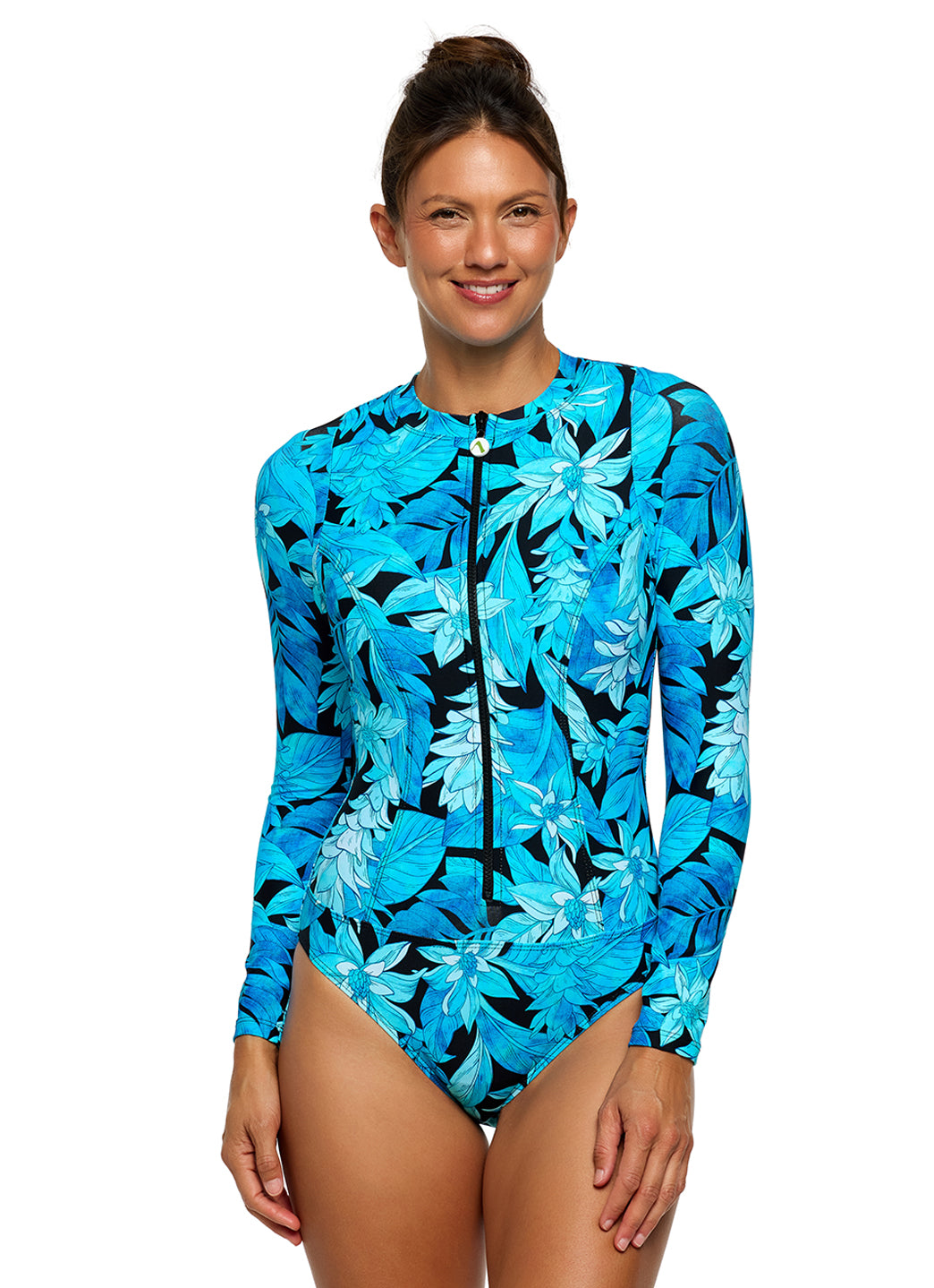 Next by Athena Women's Midnight Bloom Long Sleeve Zip Front One Piece Swimsuit