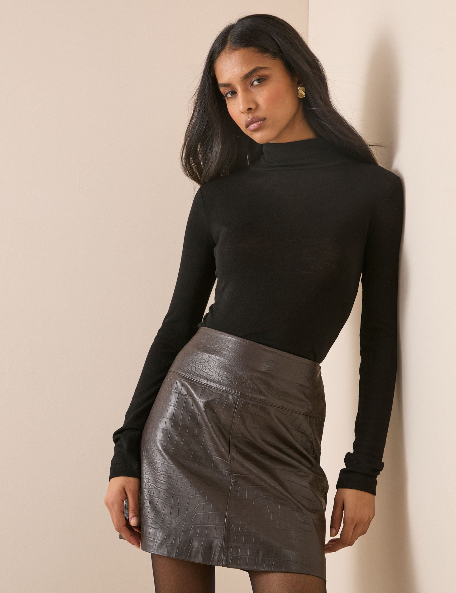 Brown Croc-Embossed Leather Mini Skirt