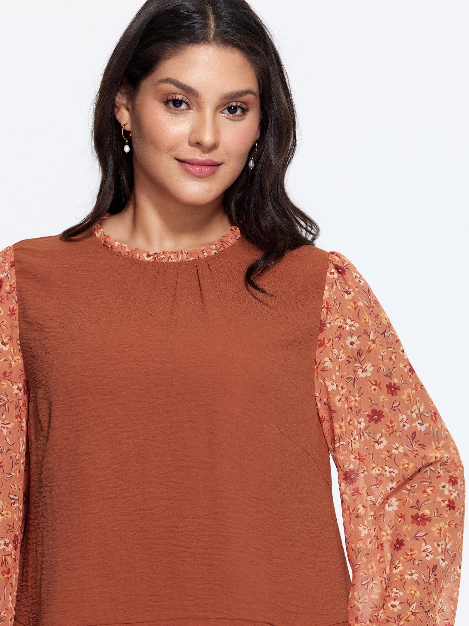Floral Patchwork Ruffle Neck Blouse