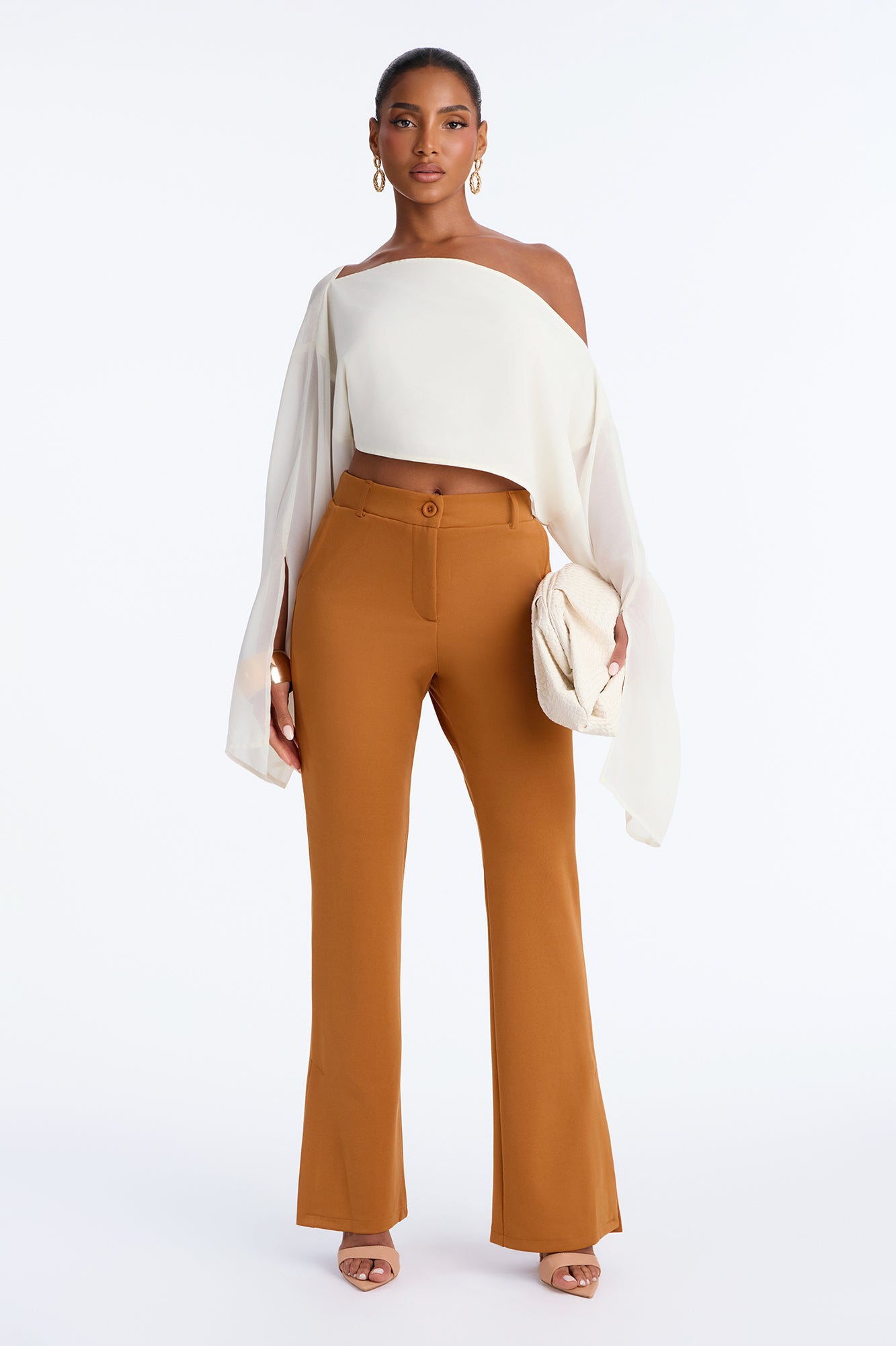 Talia High Rise Split Hem Flare Trouser Pant - Camel