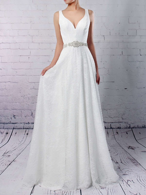 Elegant A-Line V-Neck Lace Backless Sweep Train Wedding Dresses with Sash