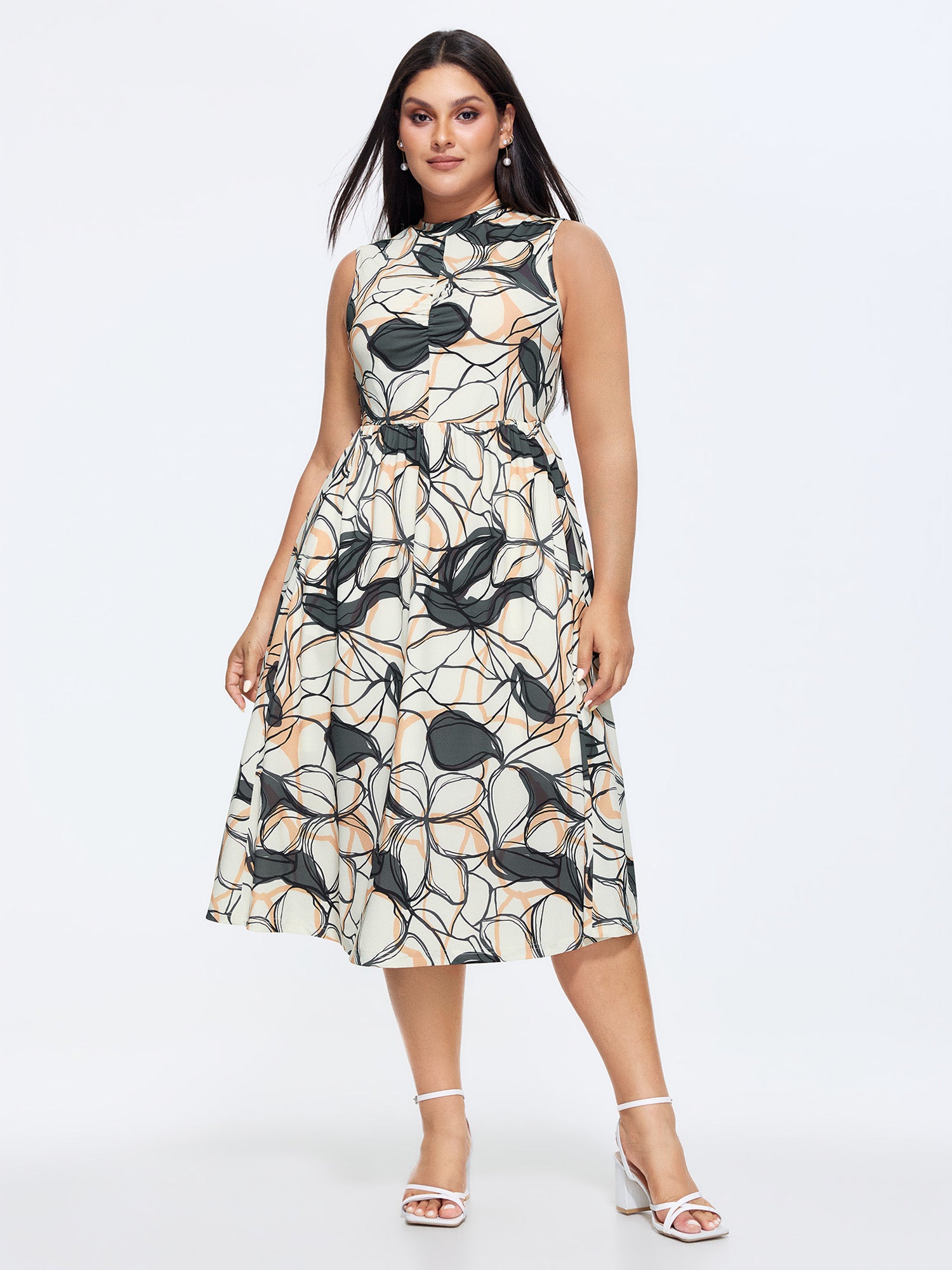 Floral Geometric Print Ruched Pockets Midi Dress