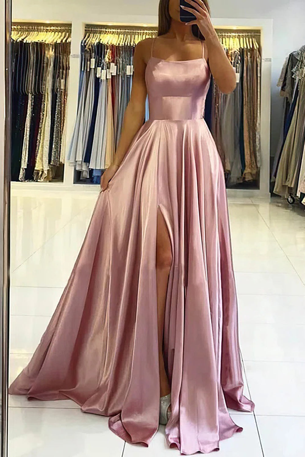 Simple Blush Satin Prom Dress with A-line Cut and Slit