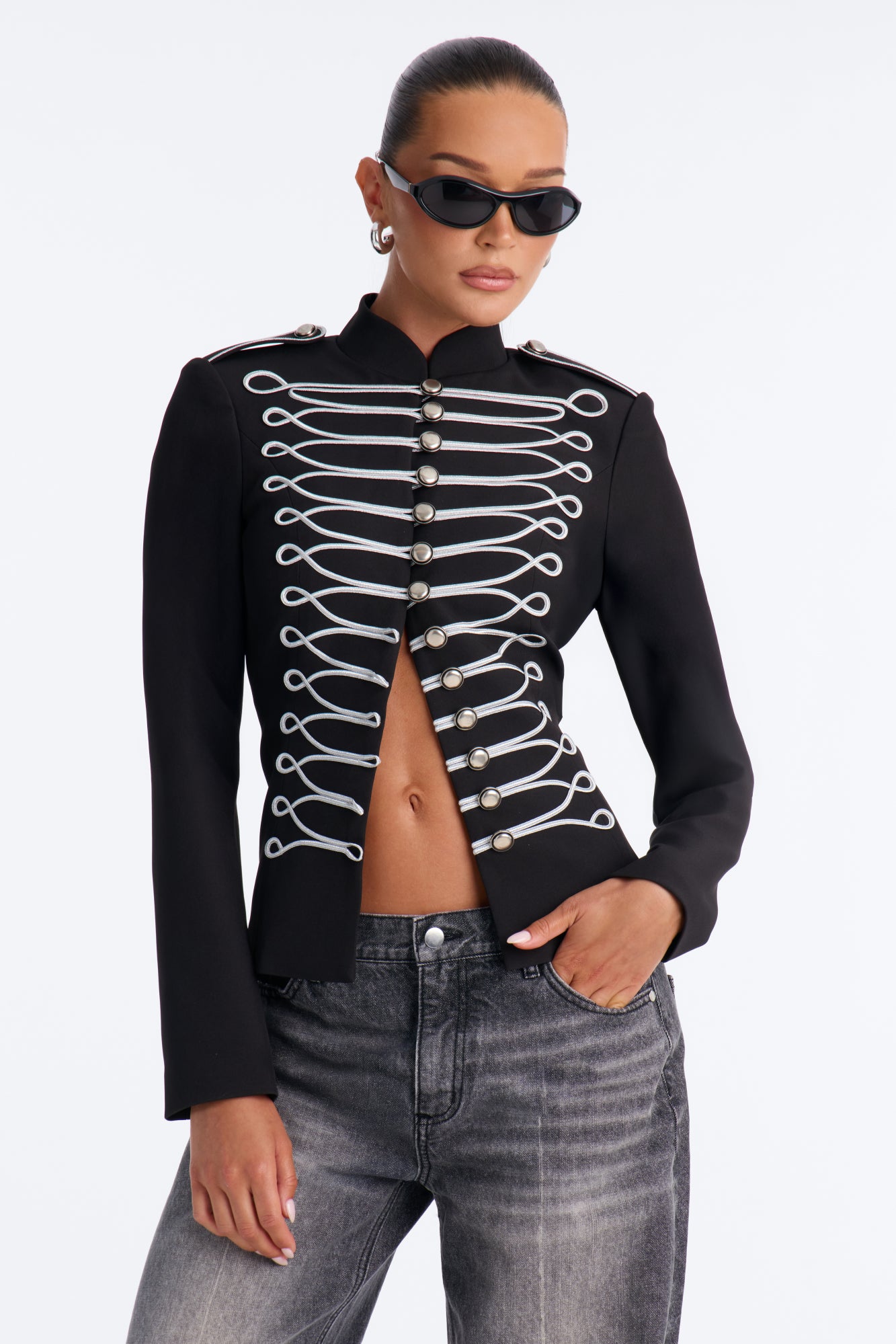 Midnight March Stand Collar Embellished Blazer - Black
