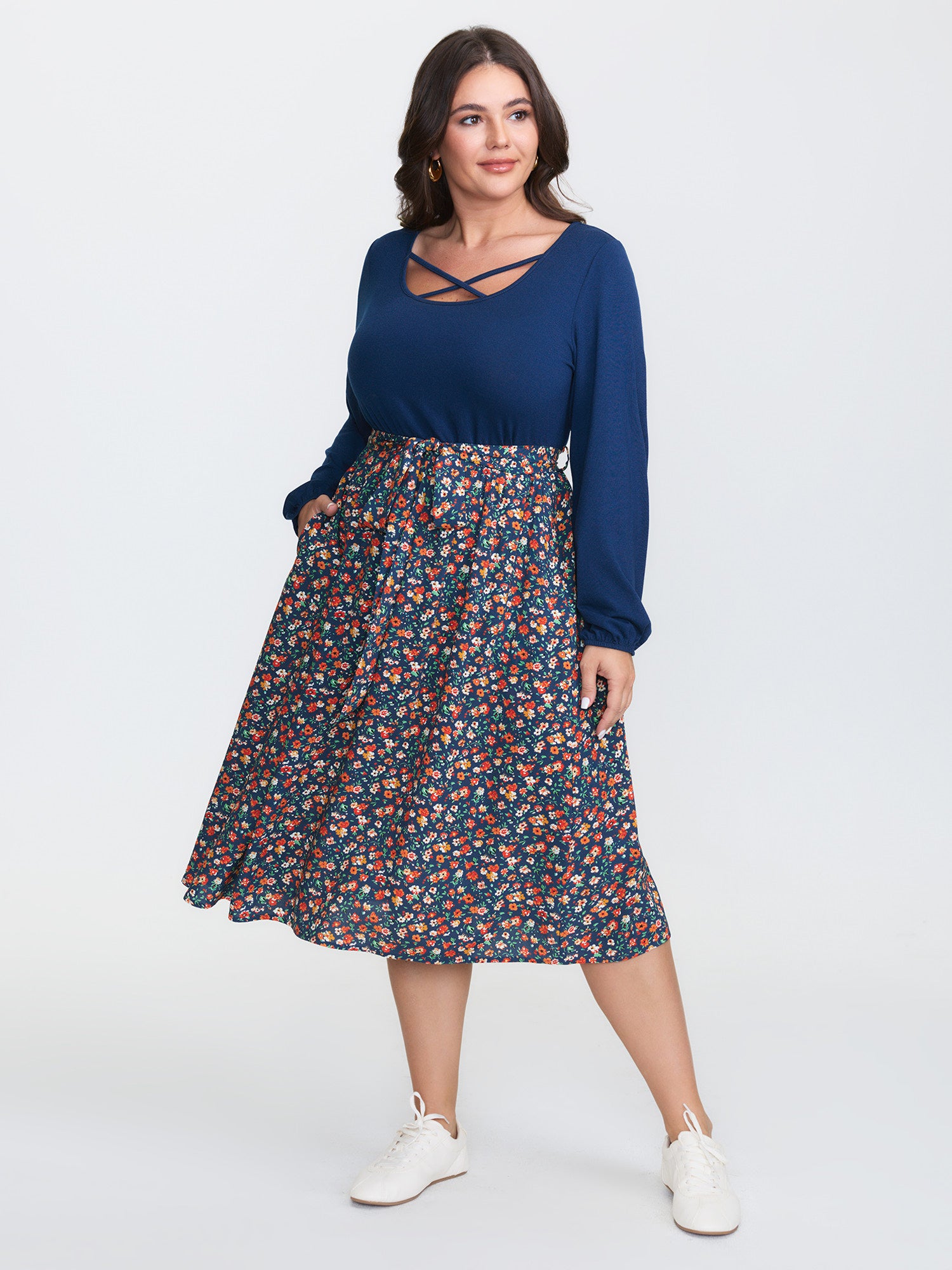 Floral Patchwork Pockets Belted Midi Dress